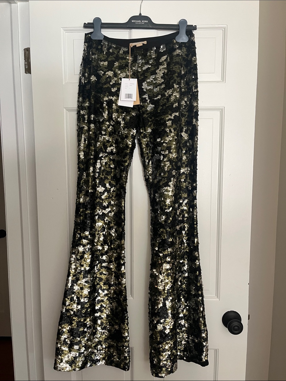 BNWT Michael Kors Collection Camo Sequined Stretch-Tule Flared Pants, Size 4
